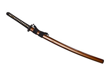 Japanese sword with black cord, steel fitting and shiny brown gold scabbard on white background. Selective focus.