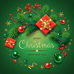 Square banner with gold and red Christmas symbols and text. Christmas tree, gifts, golden tinsel confetti and snowflakes on green background. Header for website template.