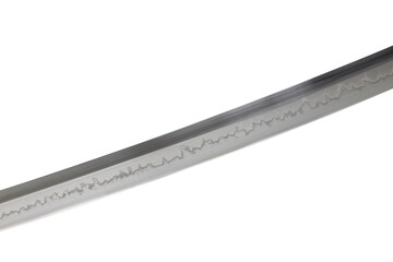 Japanese sword blade on white background. Soft focus.  The wavy pattern on the blade edge is a line of hardness that a blacksmith makes so that the blade doesn't break. Choji Hamon style.