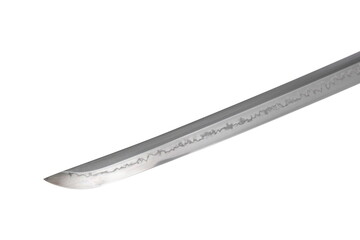 Japanese sword blade on white background. Soft focus.  The wavy pattern on the blade edge is a line...