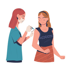Vaccination with Woman Character Vaccinated in Her Upper Arm with Doctor Holding Syringe Vector Illustration