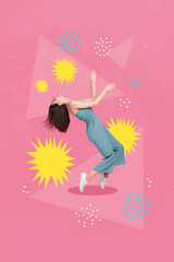 Vertical creative collage image of positive funny funky young woman dancing tiptoes have fun enjoy party disco isolated painting background