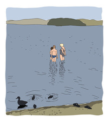 A woman and two children went into the water on the shore of the lake. A duck walks on the beach with ducklings. Vector flat illustration.