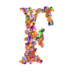 Alphabet collection from A to Z made of cartoon Halloween candies and treats.