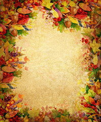 Naklejka na ściany i meble Autumnal colorful leaves frame. Autumnal background. Watercolor illustration.