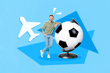Composite collage picture of cheerful guy stand near huge globe football painted plane isolated on...