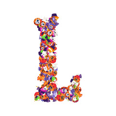 Alphabet collection from A to Z made of cartoon Halloween candies and treats.