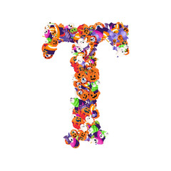 Alphabet collection from A to Z made of cartoon Halloween candies and treats.