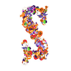 Alphabet collection from A to Z made of cartoon Halloween candies and treats.