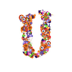 Alphabet collection from A to Z made of cartoon Halloween candies and treats.