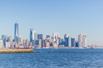 Fototapeta na wymiar New York City Skyline From on the Water Hudson River in Lower Manhattan 