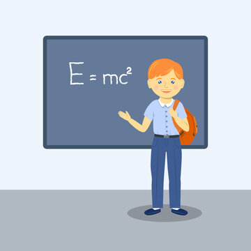 Student stands at the blackboard in the physics lesson. Text box.