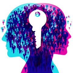 2 people’s side silhouettes overlaid with various-sized semi-transparent keys representing open potential.
A large White key icon is centrally placed representing the main focus.