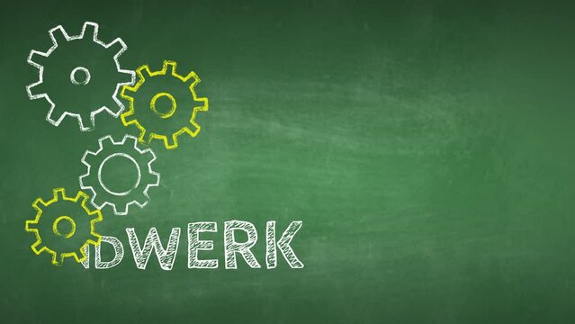 Animation. Handwerk Konzept auf gr&uuml;ner Schultafel.Rotierende Zahnr&auml;der produzieren das Wort Handwerk.