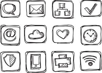 Hand drawn vector illustration set of social media sign and symbol doodles elements. Isolated on white background