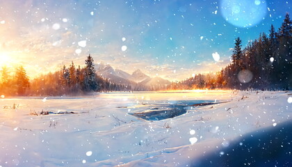 winter forest  pink sunset and frozen lake snow flakes fall,pink sunset on blue sky and on horizon forest natire winter landscape