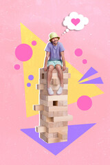 Vertical collage image of cheerful little guy sitting jenga bricks tower think imagine heart love isolated on painted background