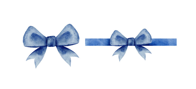 Blue gift bow in watercolor style isolated on white background. Hand drawing decorative bow elements vector illustration