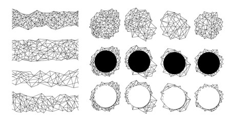 Set de formas abstractas con líneas de render. Formas de red tecnológica o mallas de líneas sobre fondo transparente. Recurso gráfico