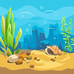Vector ocean world. Exotic seascape with seaweeds and seashells. Colorful background for your design. Illustration of underwater life.