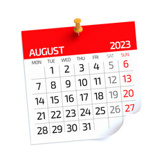 August 2023 - Calendar. Isolated on White Background. 3D Illustration - obrazy, fototapety, plakaty