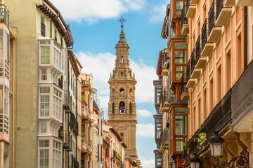 Beautiful cityscape about Logroño city with one of the  bell towers of the Cathedral. La Rioja,...