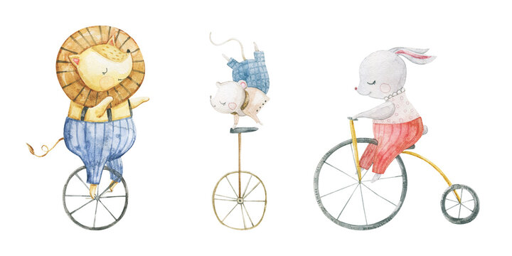 Cute Childish Watercolor Illustration With Funny Characters, Baby Animals In Circus. Kids Design, Art, Decor. Hand Painted Illustration. Animals Juggle On Bicycles