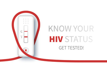 HIV status test. Red ribbon. Know your status. Design for cards, prints, social media, banner. World AIDS Day. Prevention new HIV infections. Support people living with HIV. Spread knowledge - obrazy, fototapety, plakaty