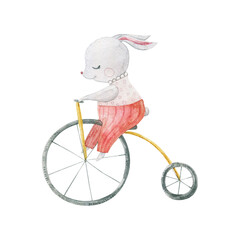 Naklejka premium cute an funny circus animal, childish watercolor illustration on white bachground