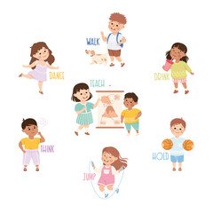 Verbs Study with Little Kids Doing Different Activity Demonstrating Vocabulary Vector Set
