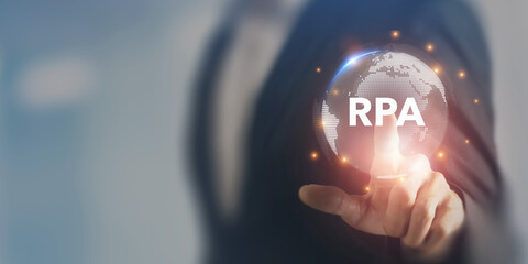 RPA Robotic process automation futuristic technology concept. .Optimization process in industrial innovation technology. Intelligent system automation. AI. Artificial intelligence and twin technology.