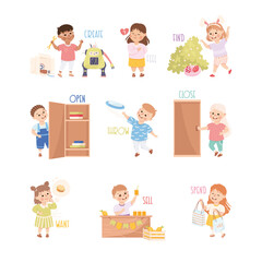 Verbs Study with Little Kids Doing Different Activity Demonstrating Vocabulary Vector Set