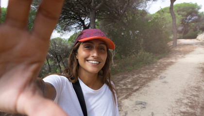 Self-portrait of young hispanic girl smiling in wild wood