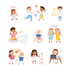 Verbs Study with Little Kids Doing Different Activity Demonstrating Vocabulary Vector Set