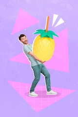 Vertical composite collage picture of excited guy arms hold huge pineapple isolated on drawing...