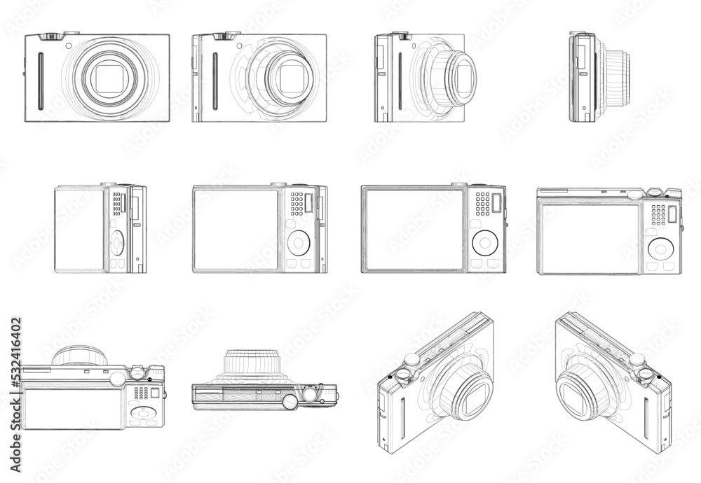 Poster set with the contours of the camera in different positions from black lines isolated on a white back