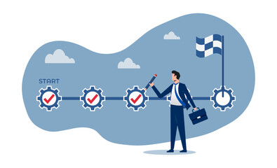 Project tracking, task completion or checklist to remind project progress, businessman project manager holding pencil to check completed tasks in project management timeline.