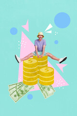 Vertical collage picture of excited overjoyed guy sitting huge pile stack money coins isolated on...