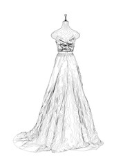 Contour of a wedding dress on a mannequin from black lines isolated on a white background. Front view. 3D. Vector illustration.