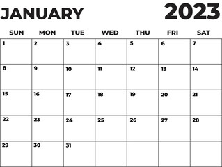 January 2023 Black and White Monday Start Landscaped Monthly Planner