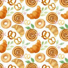 Watercolor home made pastry. Seamless texture isolated on white background. Hand-drawn sweet cinnamon rolls and croissants. Kitchen textile design. Swedish fika pattern, cozy coffee break food.