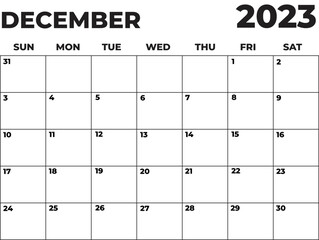 December 2023 Black and White Monday Start Landscaped Monthly Planner
