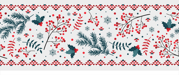 Christmas floral seamless border with winter berries, christmas tree branch. Winter holiday all over print. Festive gift wrapping paper illustration. Seamless vector swatch