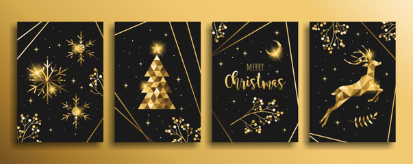 Merry Christmas and Bright Corporate Holiday cards. Modern abstract creative universal artistic gold templates. Vector illustration.