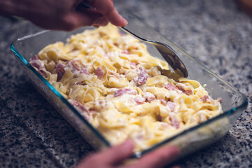 Home made appetizing spaghetti with bacon and cheese.