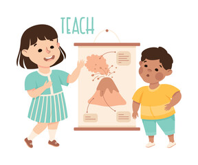 Little Girl Teaching Boy Demonstrating Vocabulary and Verb Studying Vector Illustration