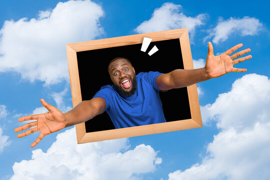 Composite collage image of excited cheerful guy inside wooden photo frame reach hands welcome you isolated on clouds sky background