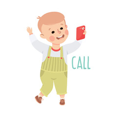 Little Boy Calling with Phone Demonstrating Vocabulary and Verb Studying Vector Illustration