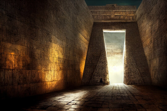 Inside the secret Chichen Itza Pyramid. Inaccessible to the public Mayan pyramid interiors illuminated by natural light falling through the gaps. Open roof with night sky. Wallpaper background art.