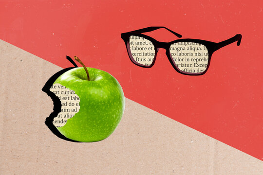 Collage photo of abstract objects apple eyewear glasses information newspaper isolated on two color split painted background